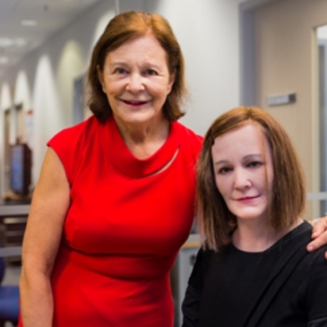 Professor Nadia Thalmann on the left with her look alike robot Nadine