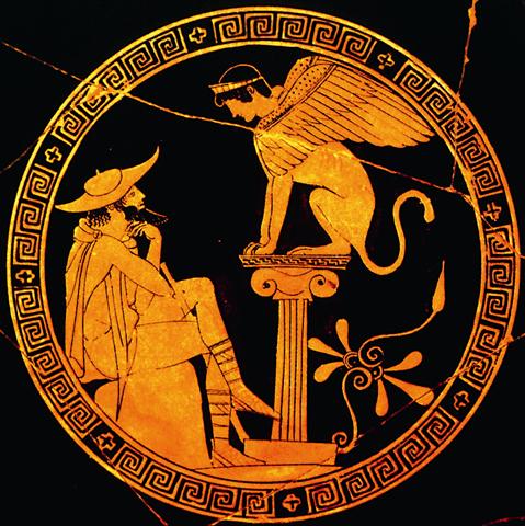 Oedipus answers the Sphinx's riddle